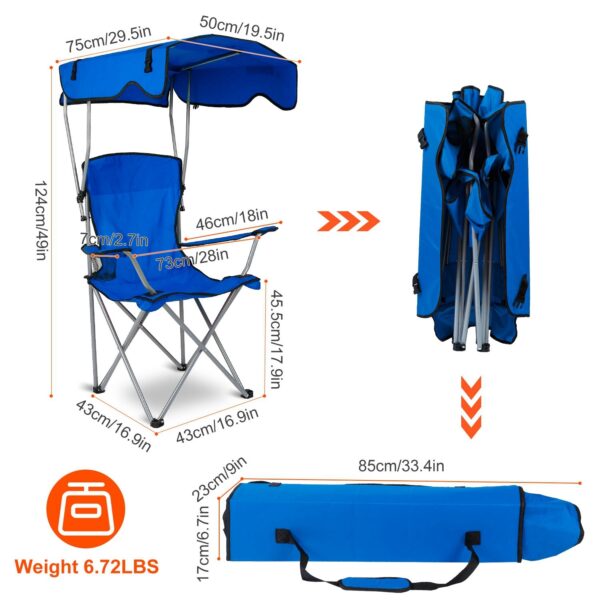 Foldable blue camping chair with canopy, armrests, and carrying bag – dimensions and weight shown